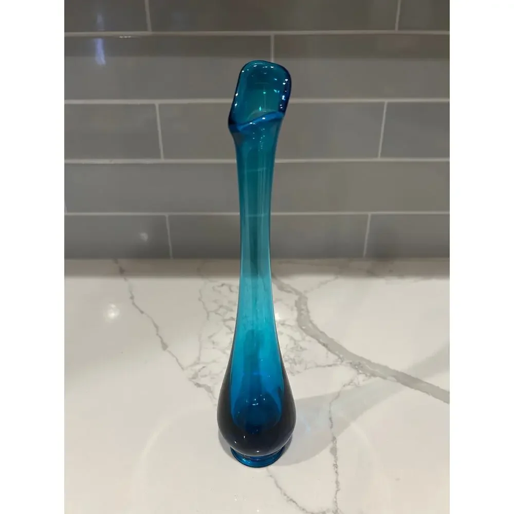Mid-Century Modern‎ Viking Blue Swung Art Glass Vase- Quantity 2 Excellent Cond